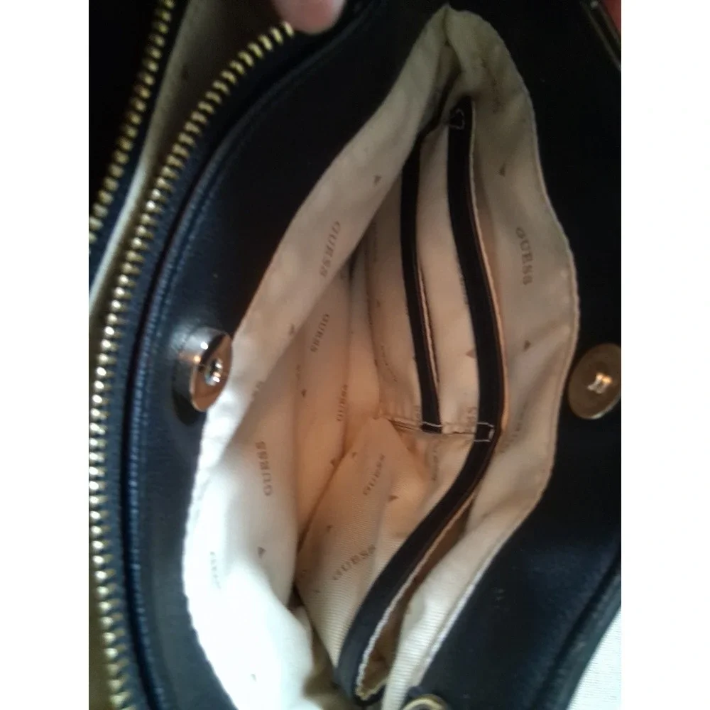 GUESS Black Faux Leather Satchel Handbag Gold Tone Hardware Logo Top Handle Bag